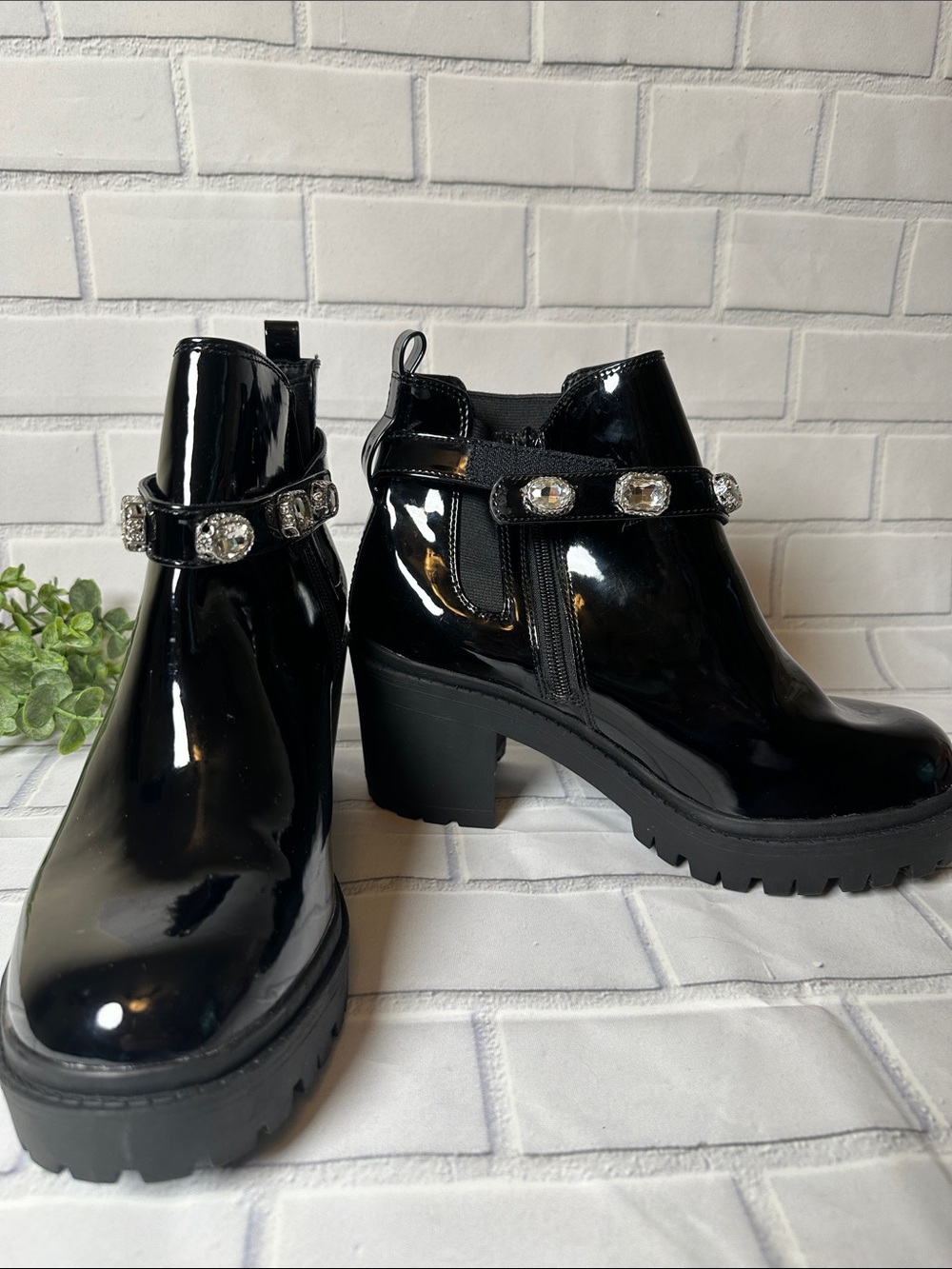 Torrid Black Patent Ankle Boots with Gemstone Strap Detail Sz 10WW